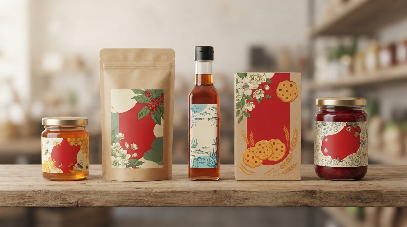 Hũ mật ong, túi cà phê, chai nước mắm và hũ mứt dán nhãn họa tiết bày trên kệ gỗ