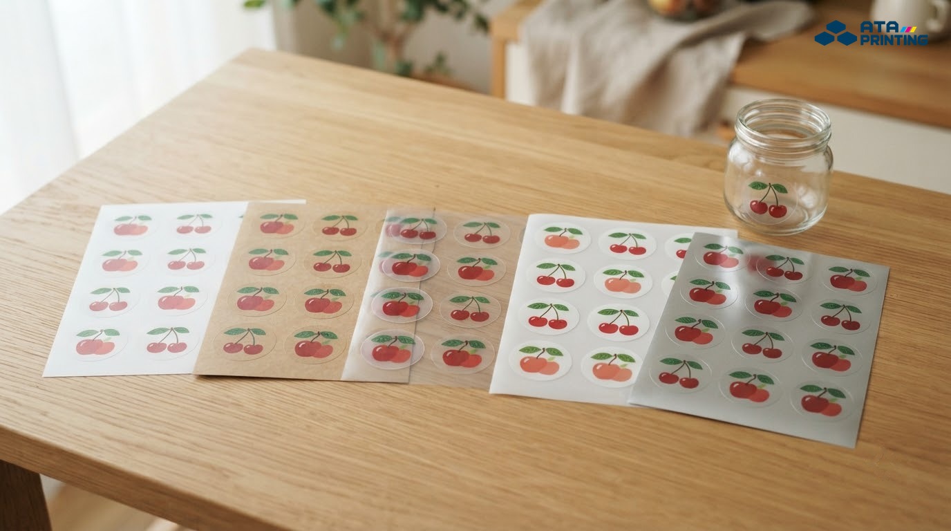 Mẫu decal giấy trắng, kraft, nhựa trong, nhựa sữa và decal bạc in nhãn họa tiết