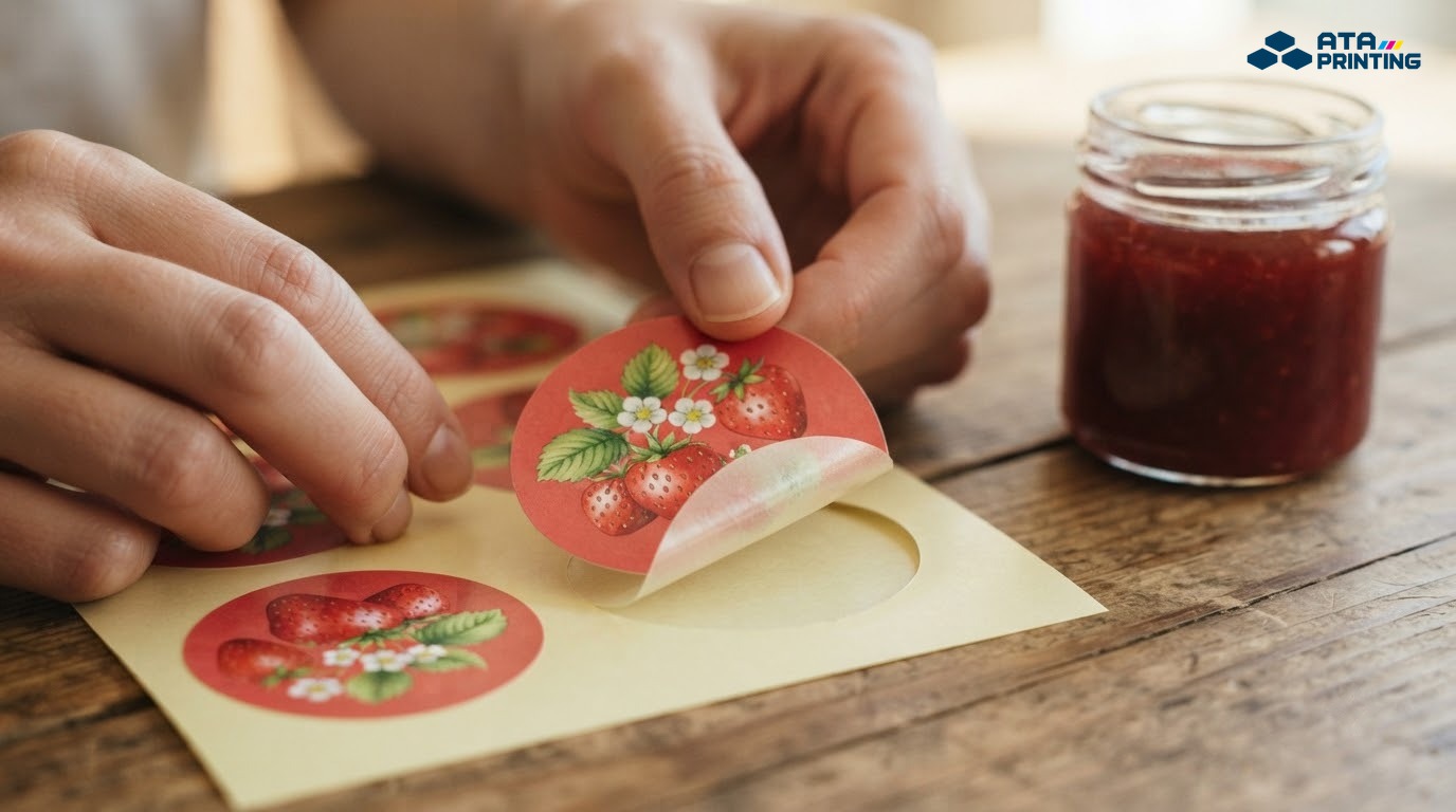 Tay bóc nhãn decal tròn in quả dâu khỏi đế giấy, thấy lớp keo mỏng mặt sau