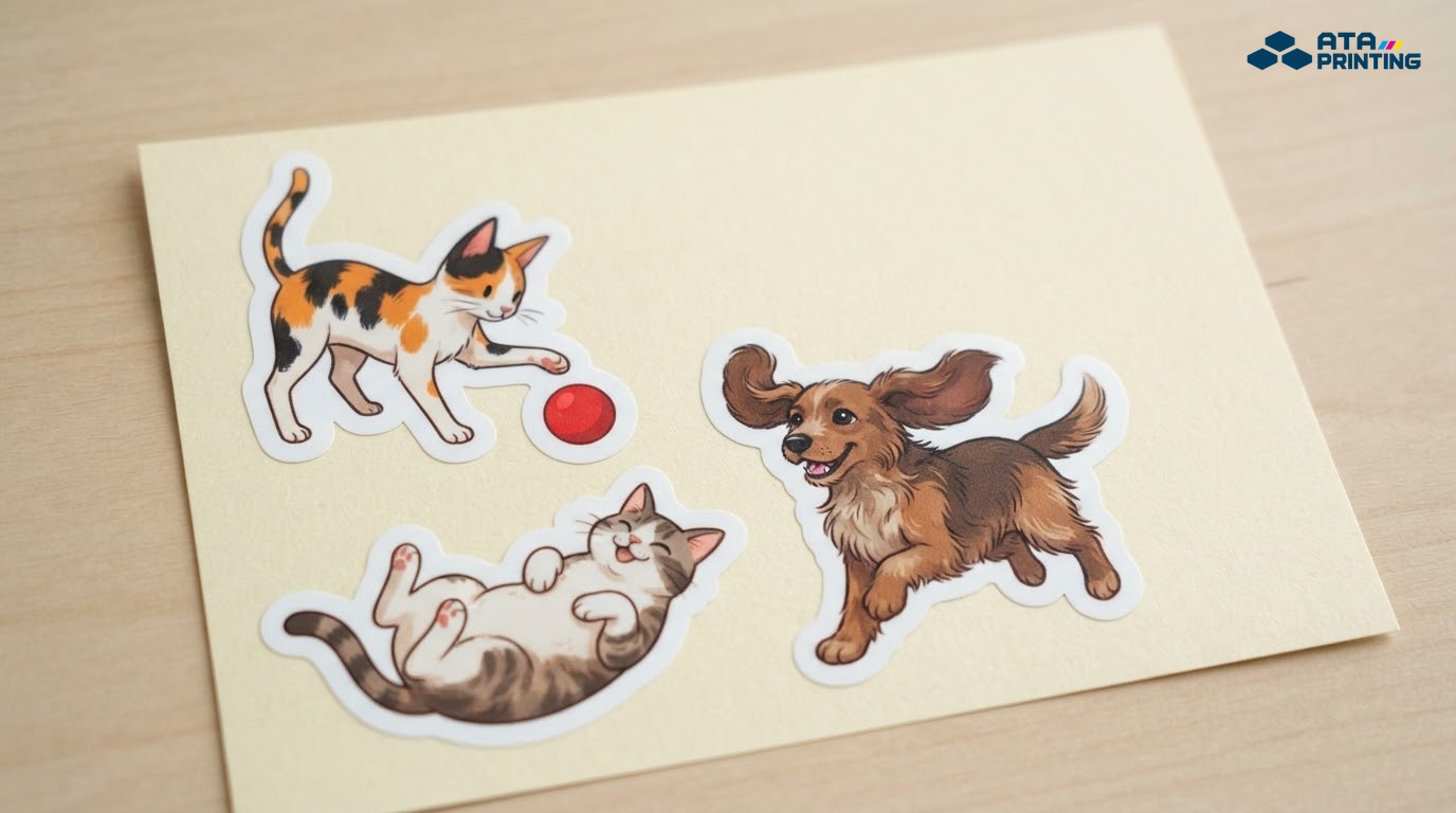 Sticker mèo tam thể và chó tai cụp trong các tư thế chơi đùa