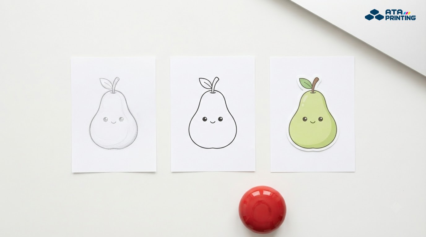 Hình quả lê được phác bằng chì, đi nét rồi tô màu để làm sticker