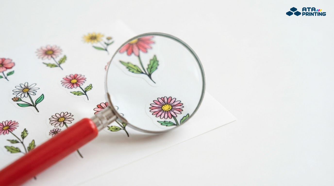 Kính lúp soi đường viền sắc nét của bản in thử sticker hoa nhỏ