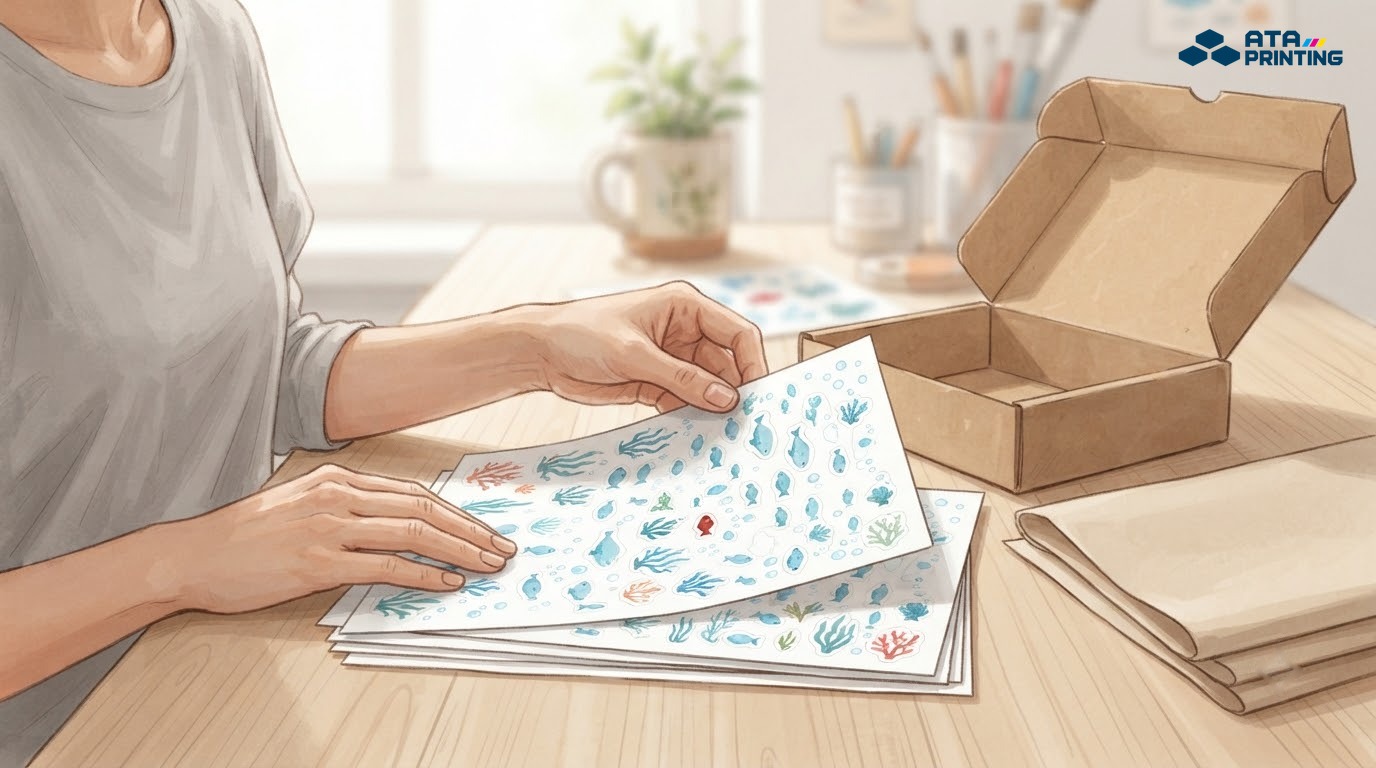 Các tờ sticker thành phẩm được kiểm tra cạnh hộp đóng gói tại bàn làm việc