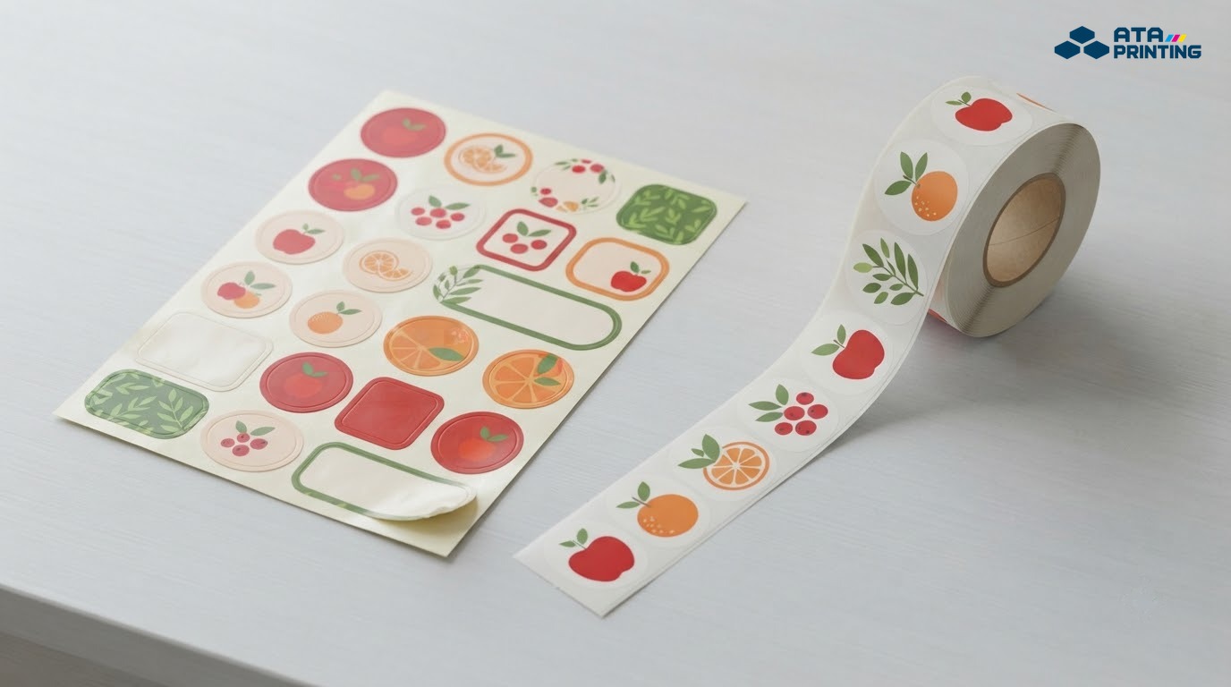 Tờ tem dán chai hình tròn và chữ nhật bo góc in họa tiết trái cây cạnh cuộn tem