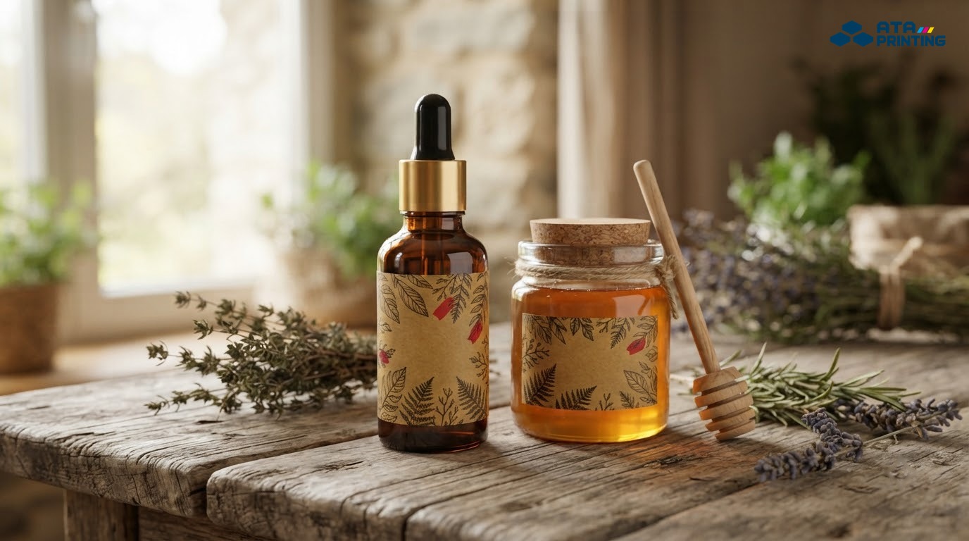 Chai tinh dầu màu nâu và hũ mật ong dán tem giấy kraft cán màng