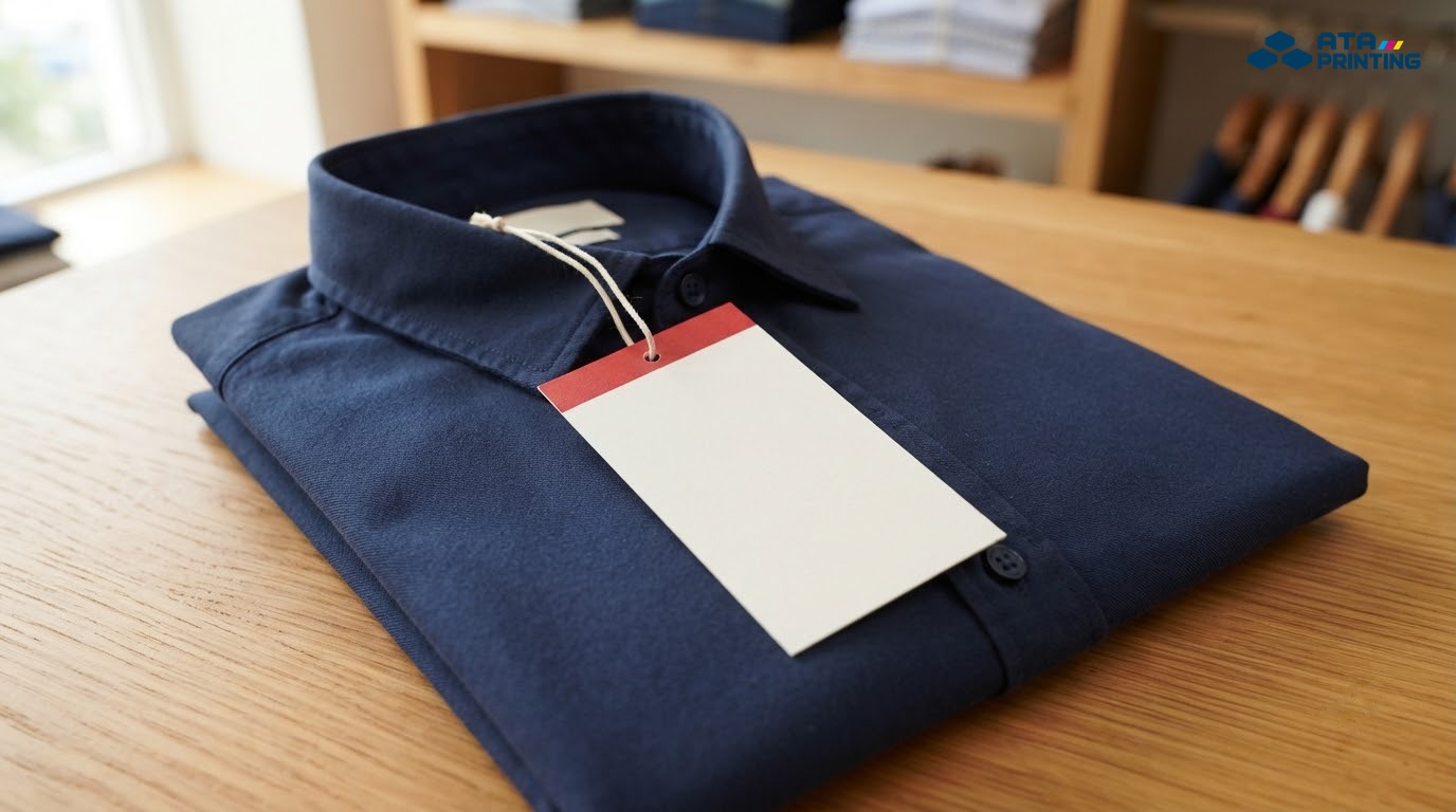 Thẻ treo giá giấy bìa có dải đỏ xỏ dây vào cổ áo sơ mi xanh navy