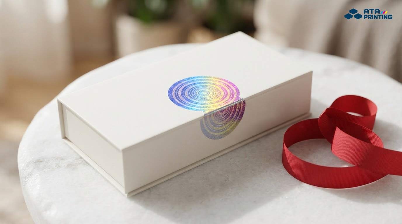 Tem hologram tròn vòng đồng tâm ánh cầu vồng dán qua mép nắp hộp trắng