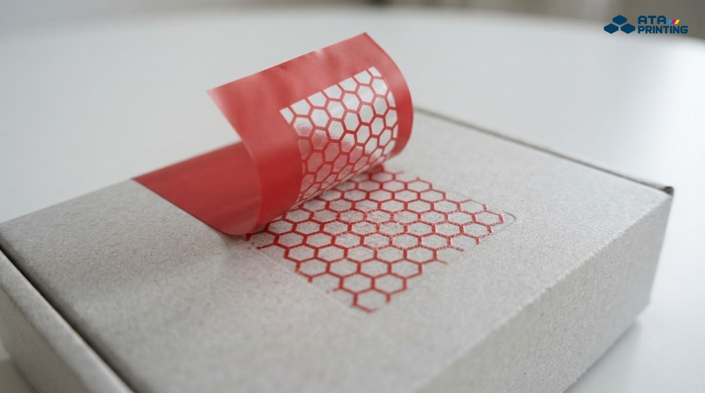 Tem đỏ bị bóc lên để lại họa tiết tổ ong đỏ trên mặt hộp carton