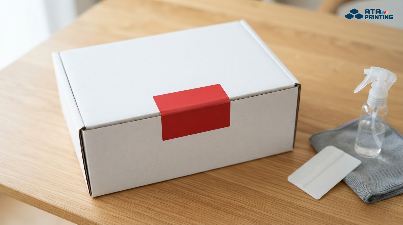 Hộp carton trắng dán tem đỏ vắt qua nắp cạnh miếng gạt, khăn lau và bình xịt