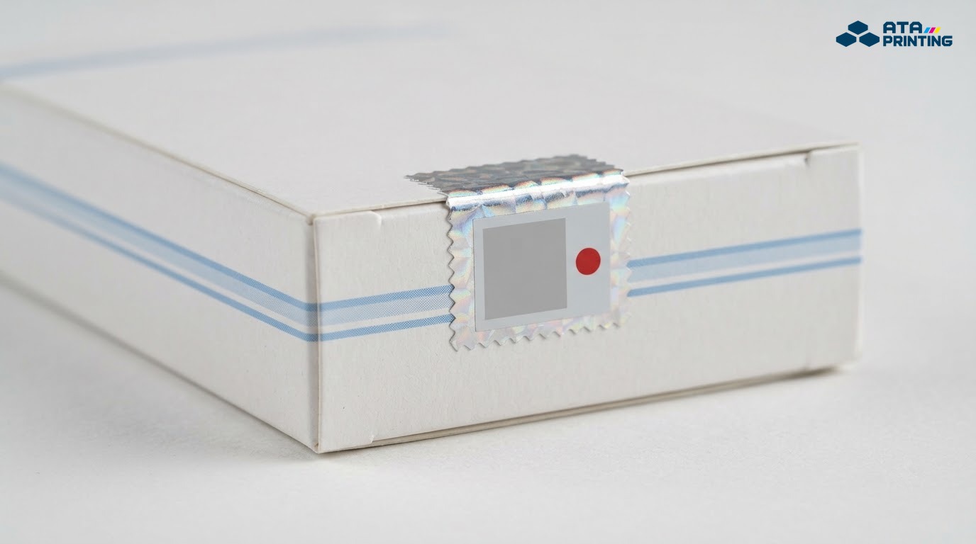 Hộp thuốc trắng được niêm phong bằng tem hologram bạc dán vắt qua nắp