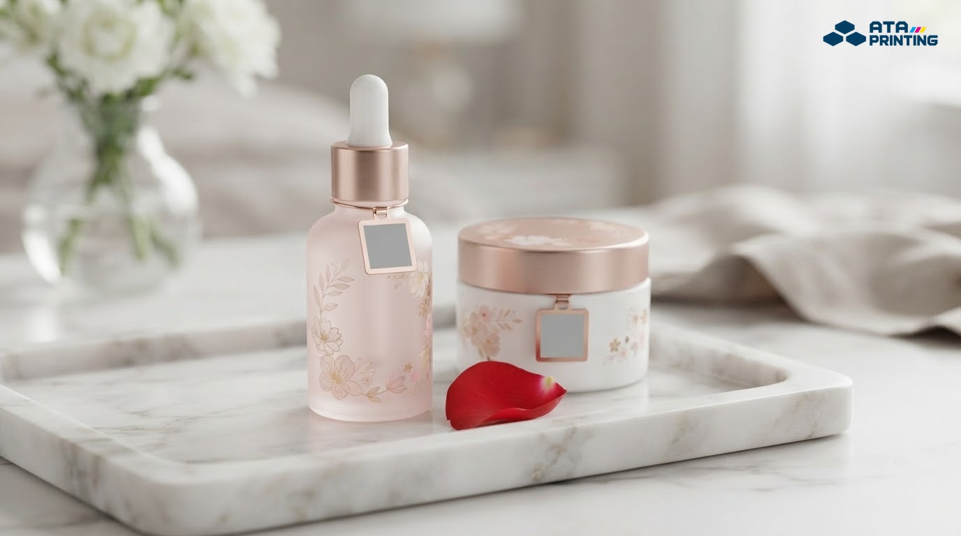 Chai serum và hũ kem dán tem truy xuất ánh kim vàng hồng trên khay đá