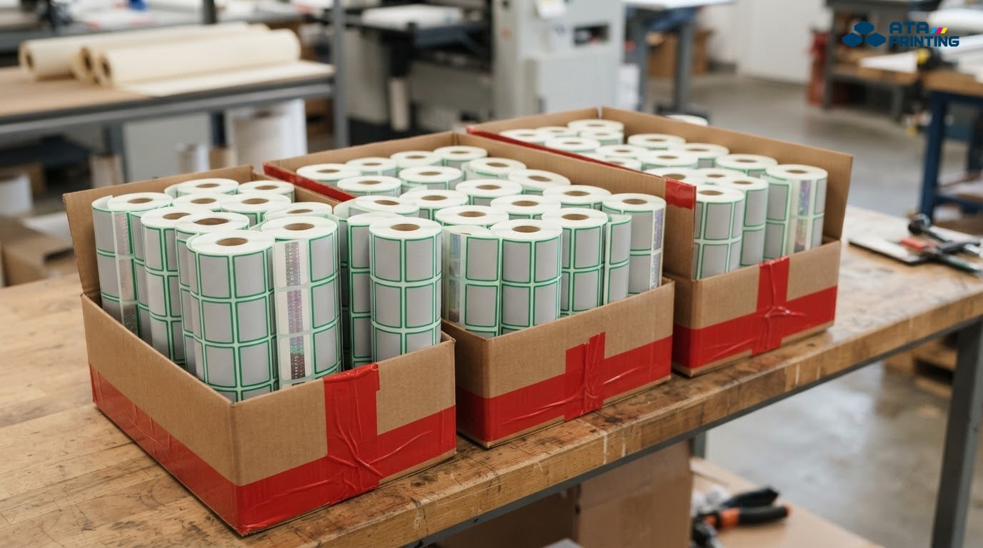 Hộp carton chứa các cuộn tem truy xuất nguồn gốc sẵn sàng giao hàng