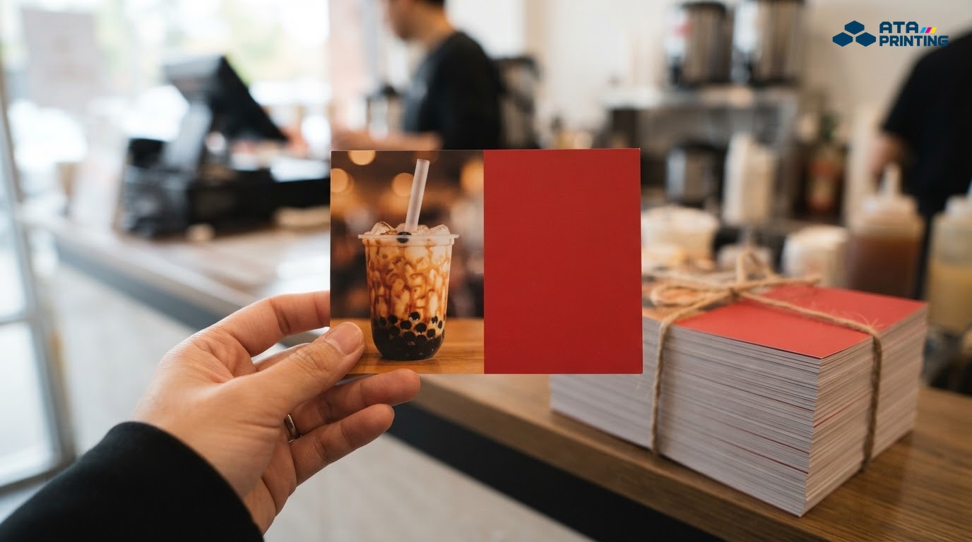 Tay cầm tờ rơi A6 in ảnh trà sữa trước chồng tờ rơi cùng mẫu buộc dây kraft