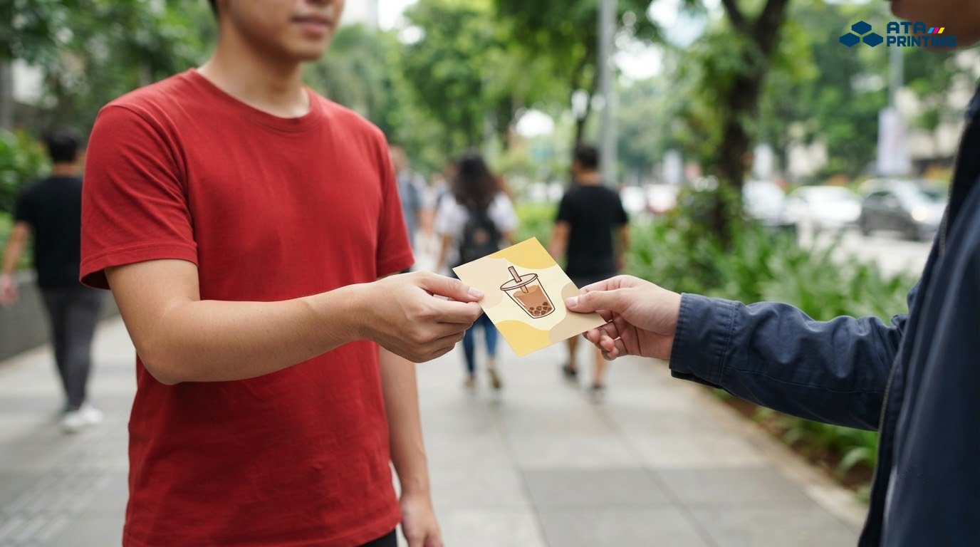 Nhân viên áo đỏ trao tờ rơi A6 in ảnh trà sữa cho người đi đường