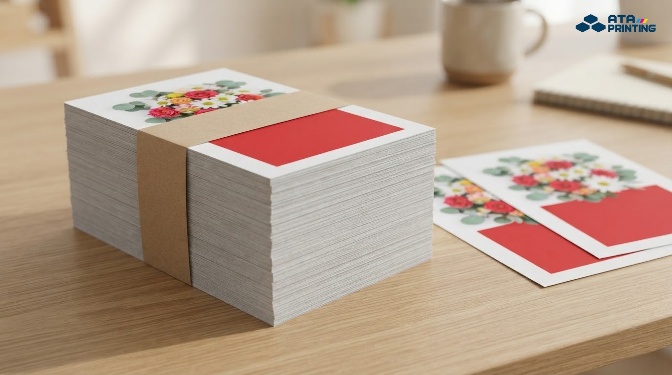 Xấp tờ rơi in hình hoa và mảng đỏ được buộc đai giấy kraft cạnh hai tờ rời