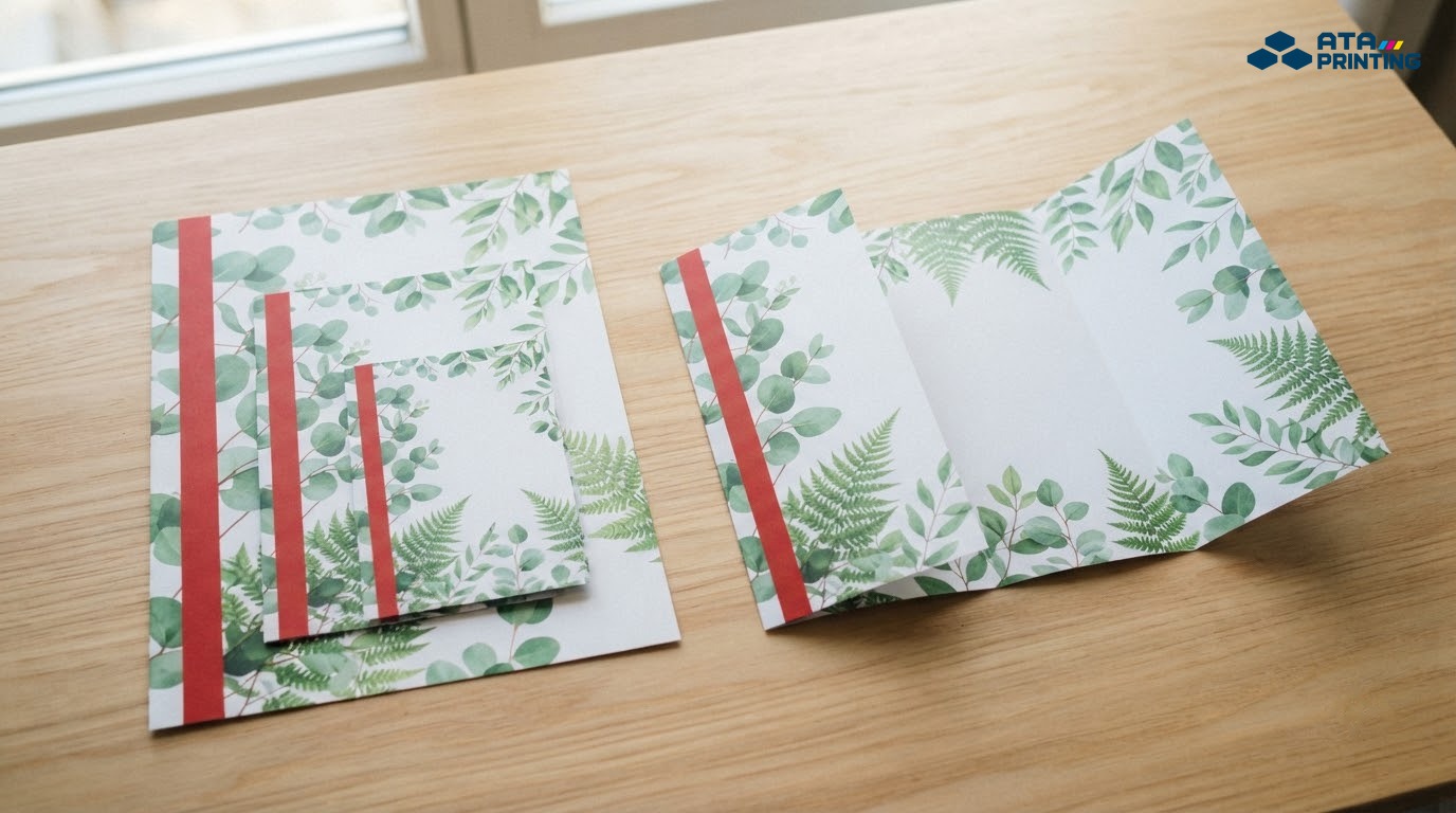 Tờ rơi A4, A5, A6 xếp chồng theo cỡ cạnh một tờ gấp ba họa tiết lá xanh