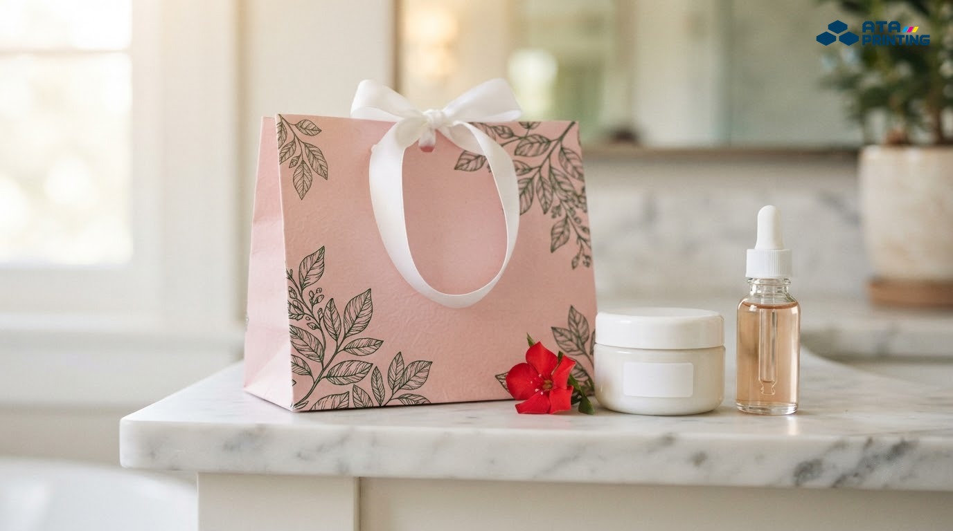 Túi giấy ivory hồng phấn cạnh hũ kem và chai serum không nhãn
