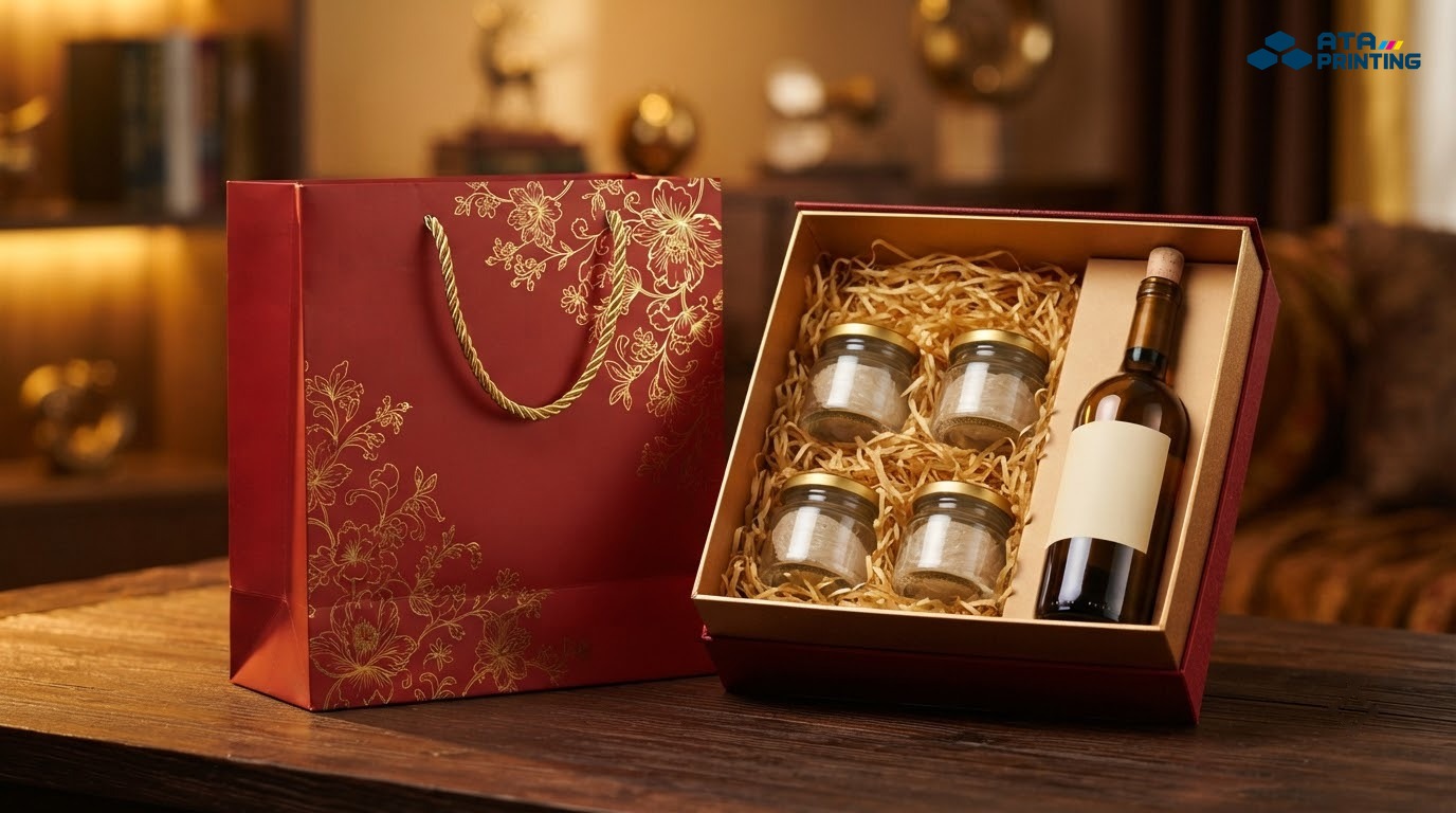 Túi giấy ivory đỏ ép kim vàng cạnh hộp quà hũ yến thủy tinh và chai vang