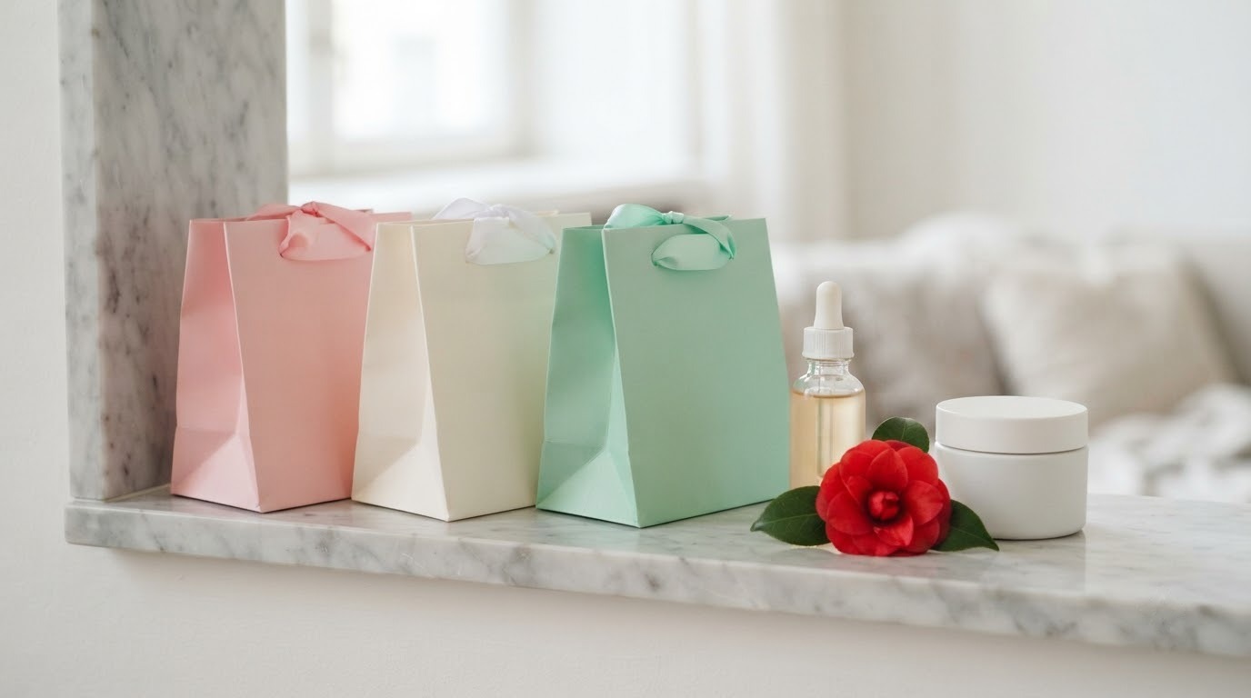 Túi giấy mỹ phẩm hồng phấn và trắng ngà quai ruy băng cạnh chai serum, hũ kem