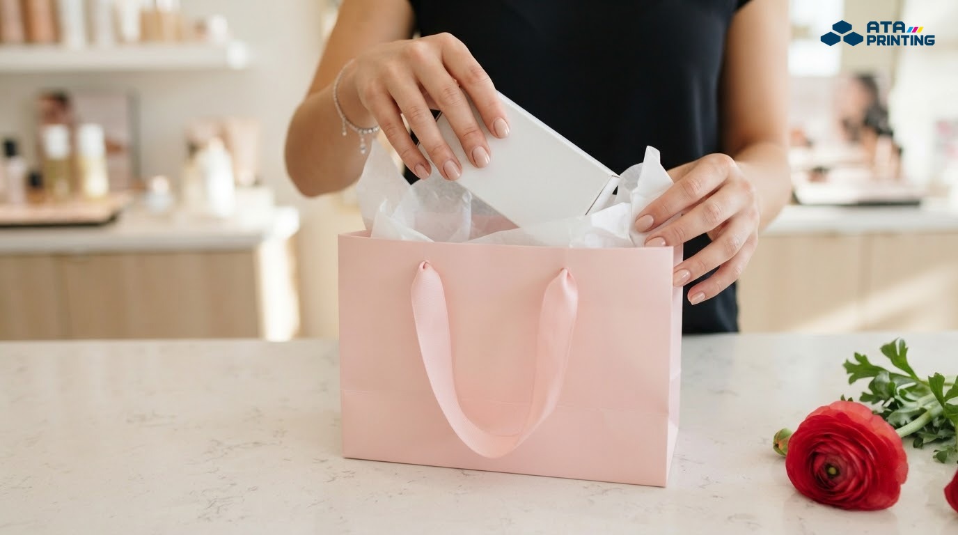 Nhân viên cửa hàng mỹ phẩm đặt hộp sản phẩm vào túi giấy hồng tại quầy