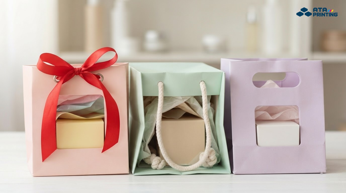 Ba túi mỹ phẩm với quai ruy băng satin, dây thừng cotton và quai cắt trên thân túi