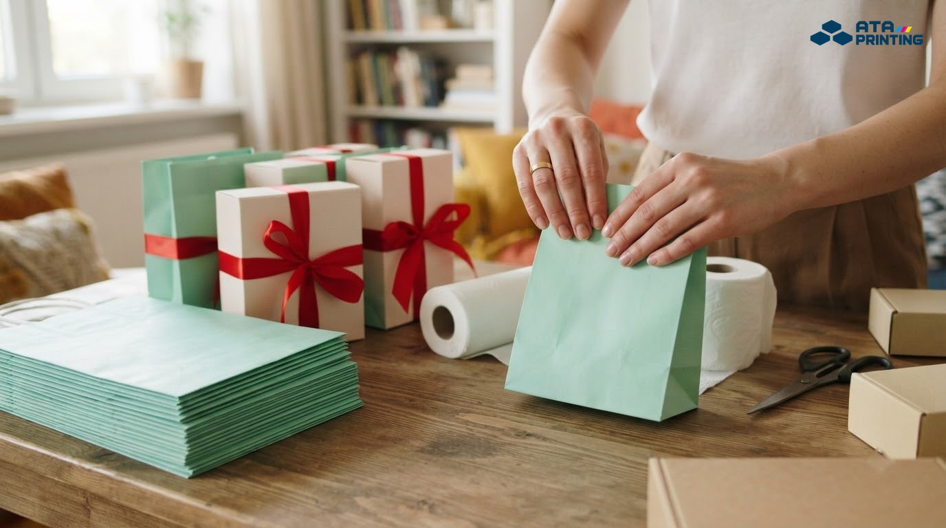 Chủ shop mỹ phẩm nhỏ xếp túi giấy mới in cạnh bàn đóng gói đơn hàng