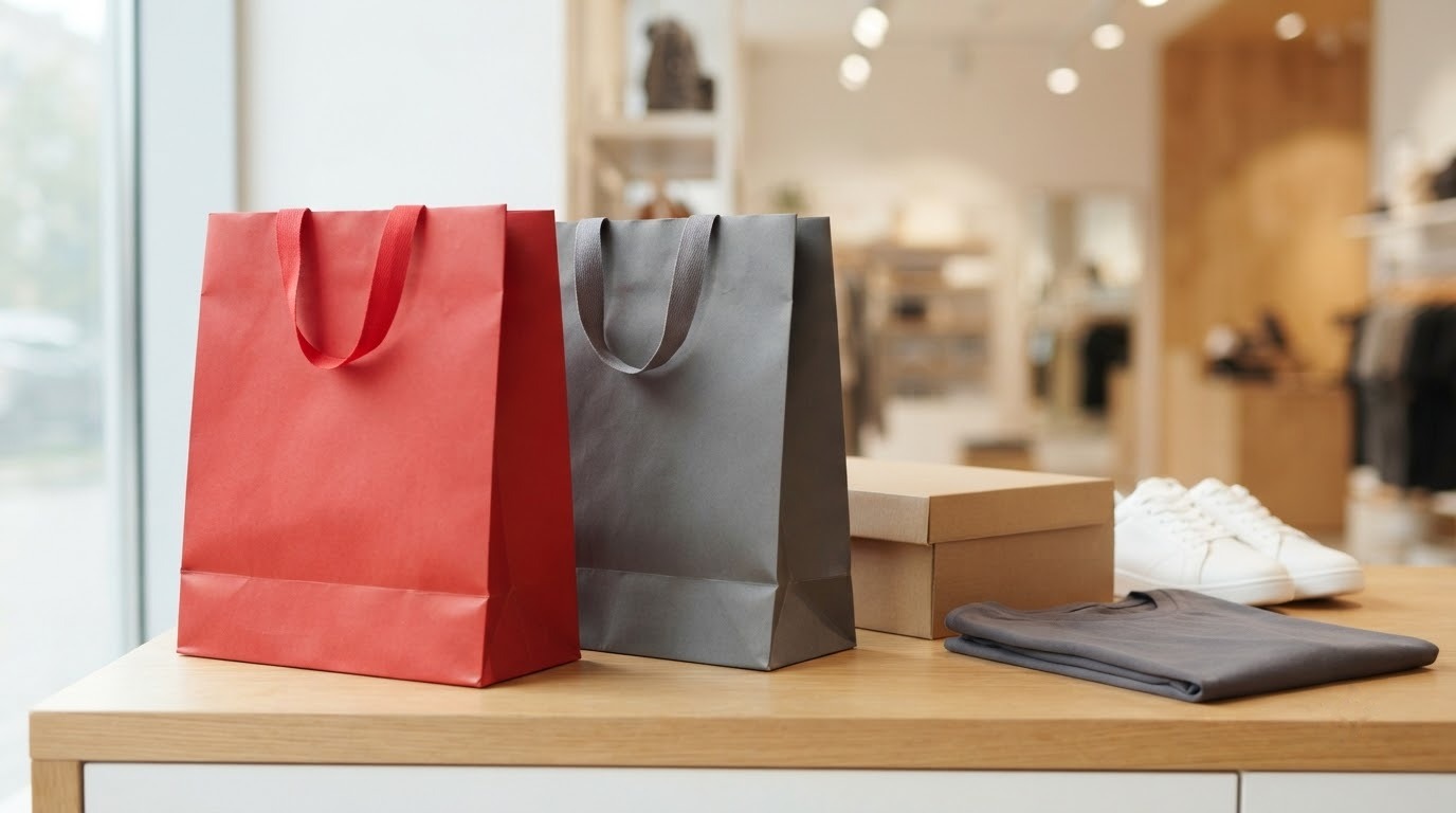 Túi giấy đỏ và xám đậm đặt cạnh hộp giày trơn, giày thể thao và áo thun gấp