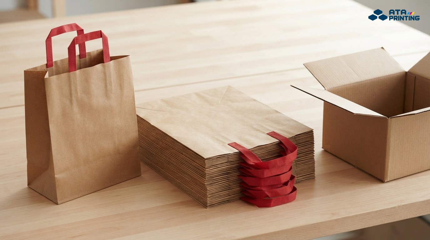 Túi giấy nâu quai đỏ và chồng túi gấp phẳng đặt cạnh thùng carton mở trên bàn