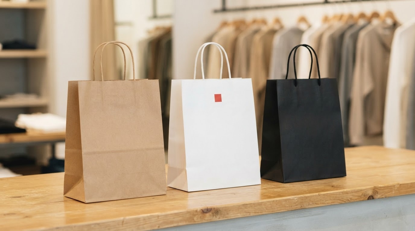 Ba túi giấy tối giản kraft, trắng có ô vuông đỏ nhỏ và đen trên quầy shop thời trang