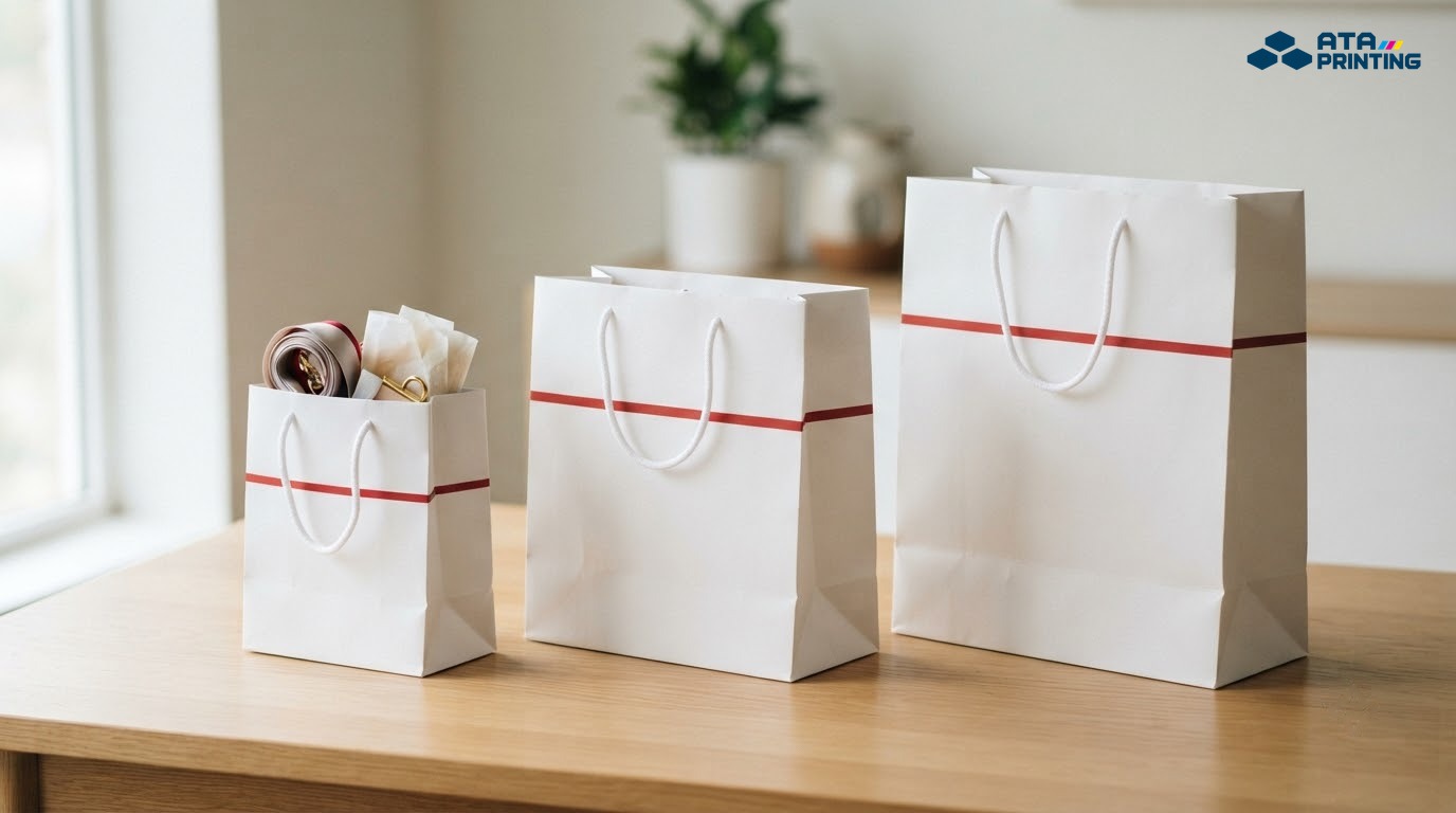 Ba túi giấy trắng có dải đỏ ngang thân, cỡ nhỏ, vừa và lớn xếp theo chiều cao