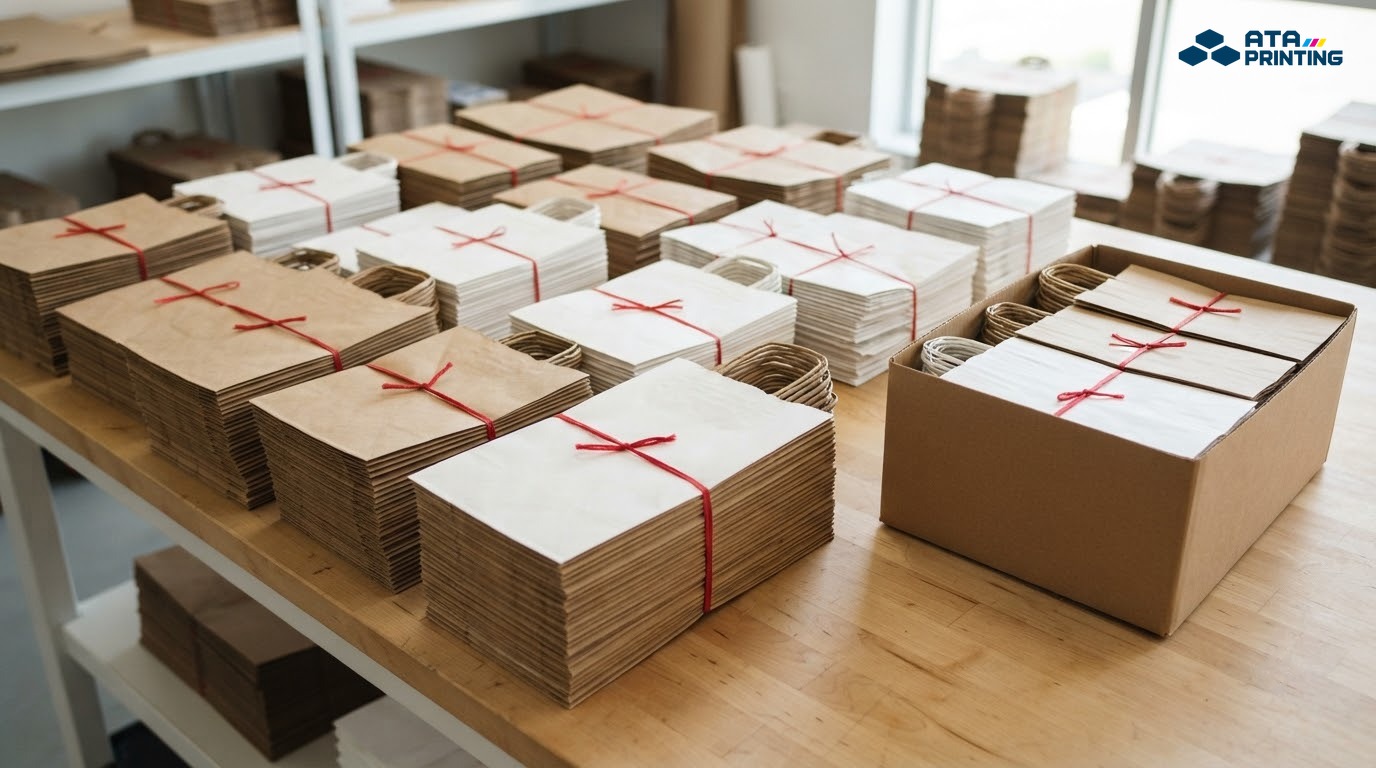 Các xấp túi giấy gấp phẳng buộc dây đỏ trên bàn và trong thùng carton