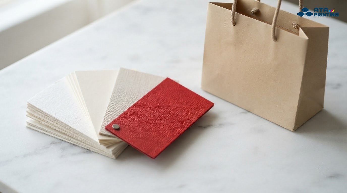 Mẫu giấy kraft trắng, ivory và giấy mỹ thuật vân xòe cạnh một túi giấy be
