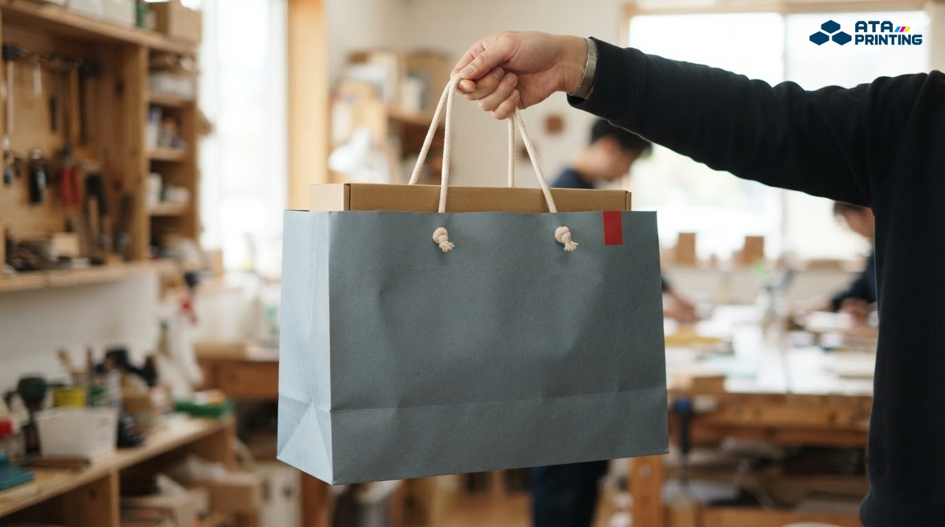 Bàn tay nhấc túi giấy chứa hộp nặng, đáy túi phẳng không võng