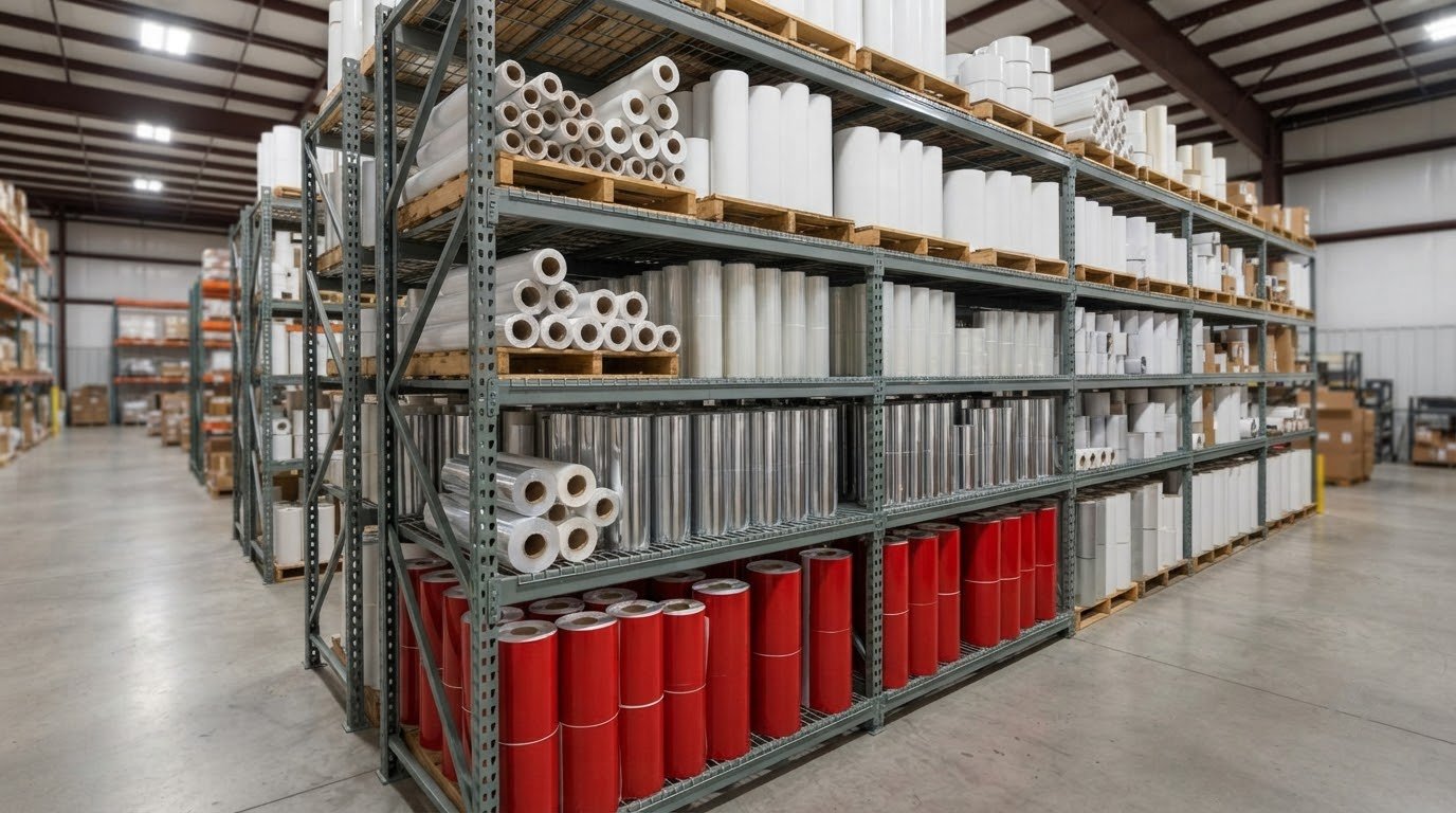 Kệ kho xếp nhiều cuộn decal trắng, trong, bạc và màu với các độ rộng khác nhau