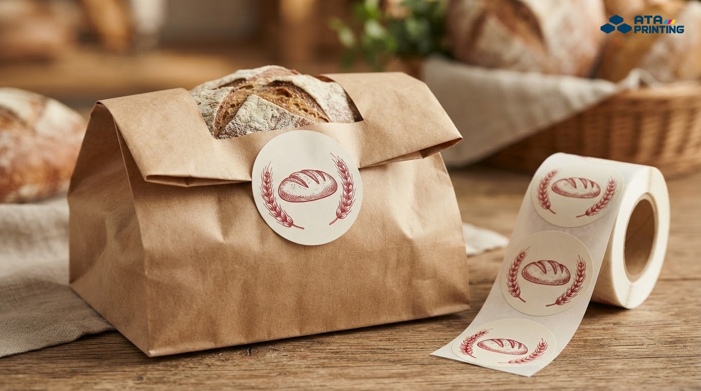 Tem decal giấy in hình bánh mì dán trên túi giấy kraft