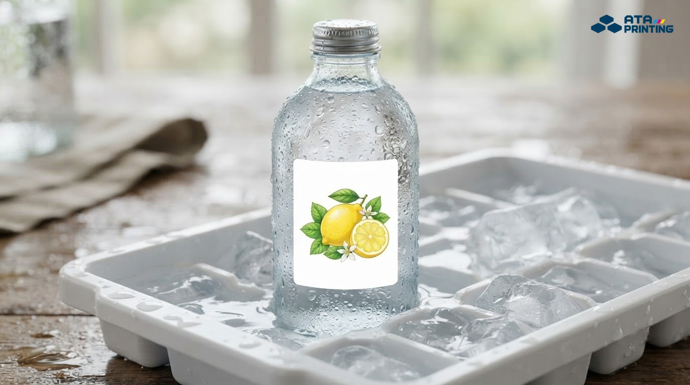 Chai nước ướt đẫm giọt nước vẫn giữ nguyên tem decal nhựa không bong