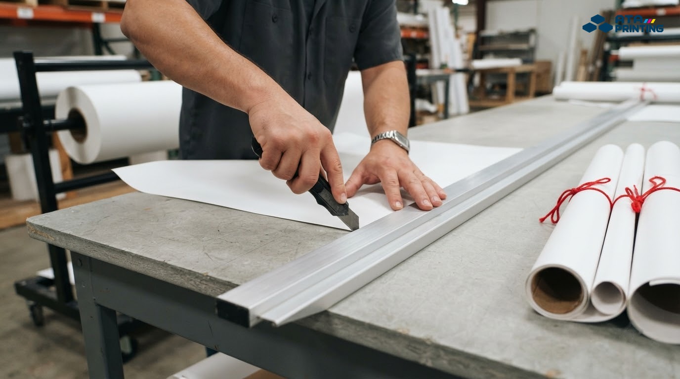 Nhân viên kho kéo decal từ cuộn và cắt theo yêu cầu trên bàn dài