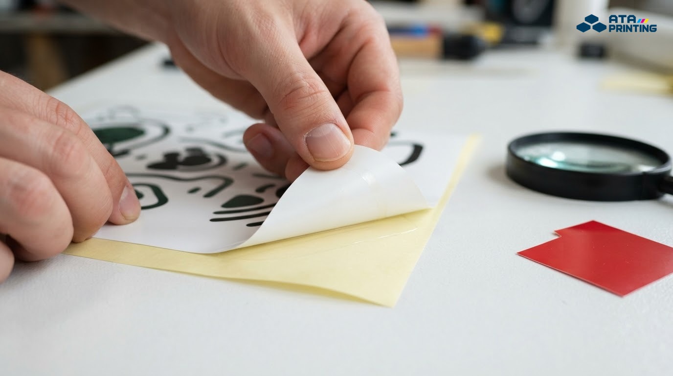 Tay bóc thử một góc decal để kiểm tra lớp keo và độ phẳng của đế