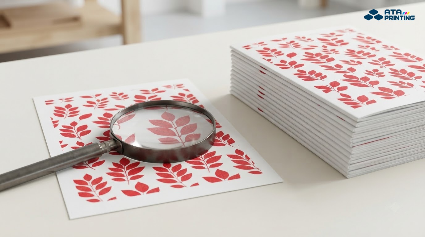 Kính lúp đặt trên họa tiết in đỏ cạnh chồng ấn phẩm đã hoàn thiện