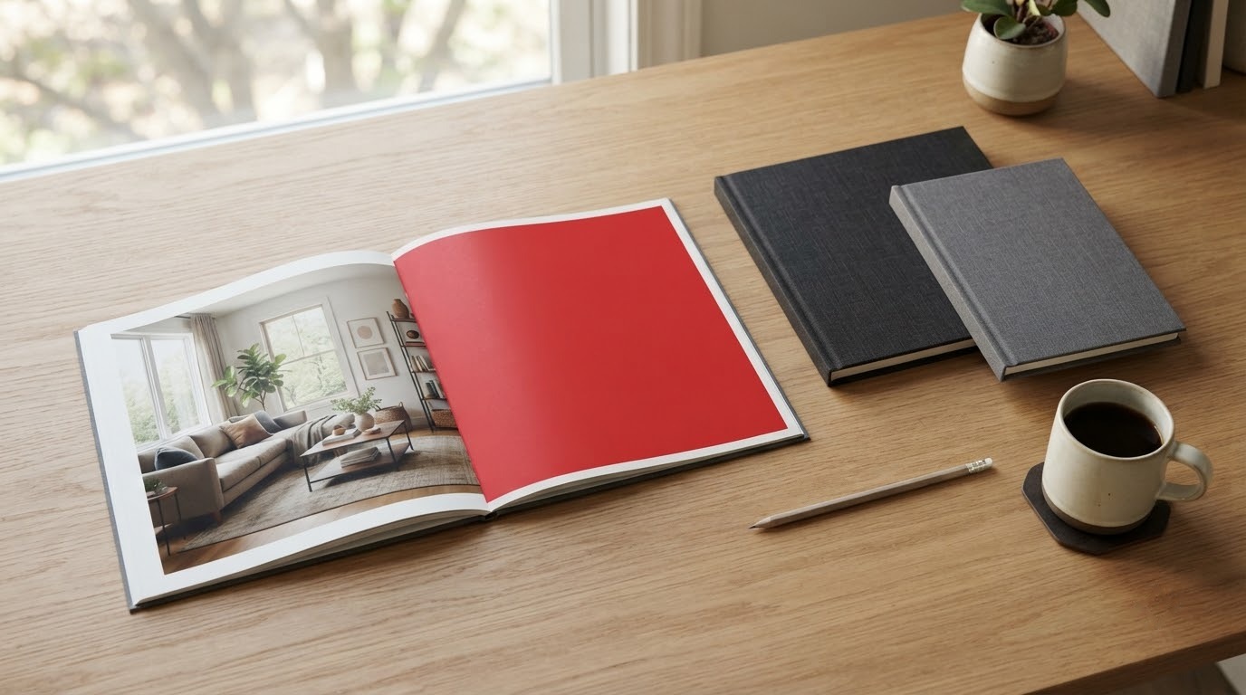 Portfolio mở trang ảnh phòng khách và trang đỏ cạnh hai cuốn bìa vải xám, đen