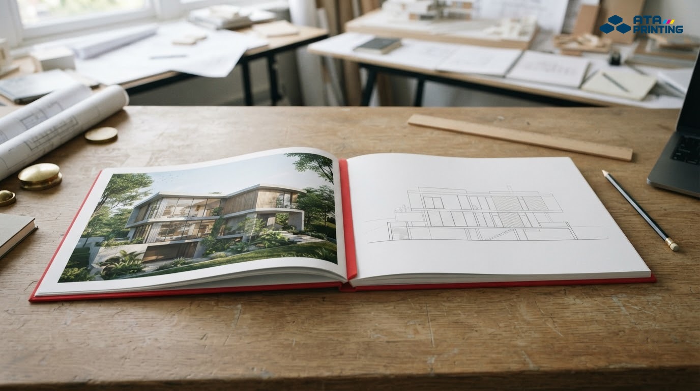 Portfolio kiến trúc khổ ngang mở trang phối cảnh nhà hiện đại và bản vẽ mặt đứng