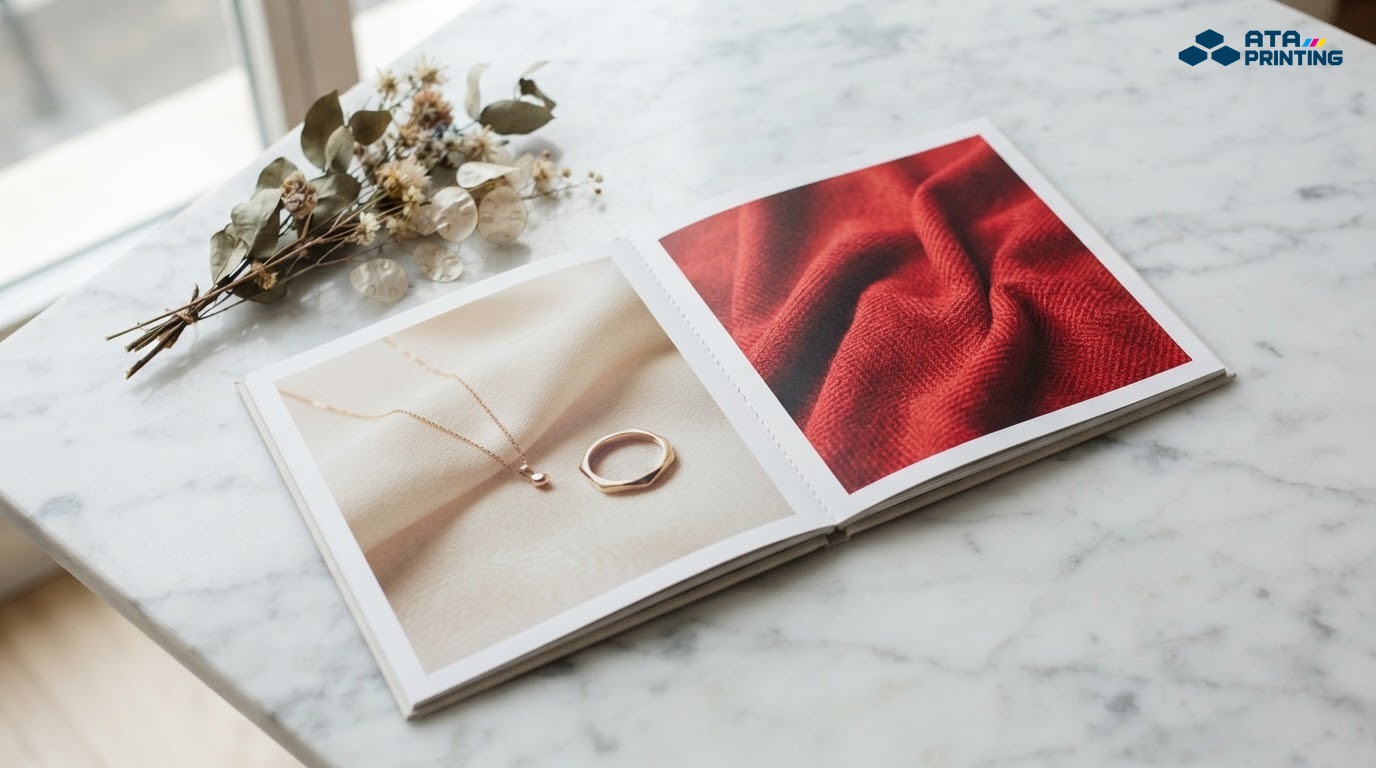 Lookbook khổ vuông mở trang ảnh nhẫn, dây chuyền và vải dệt đỏ cạnh bó hoa khô