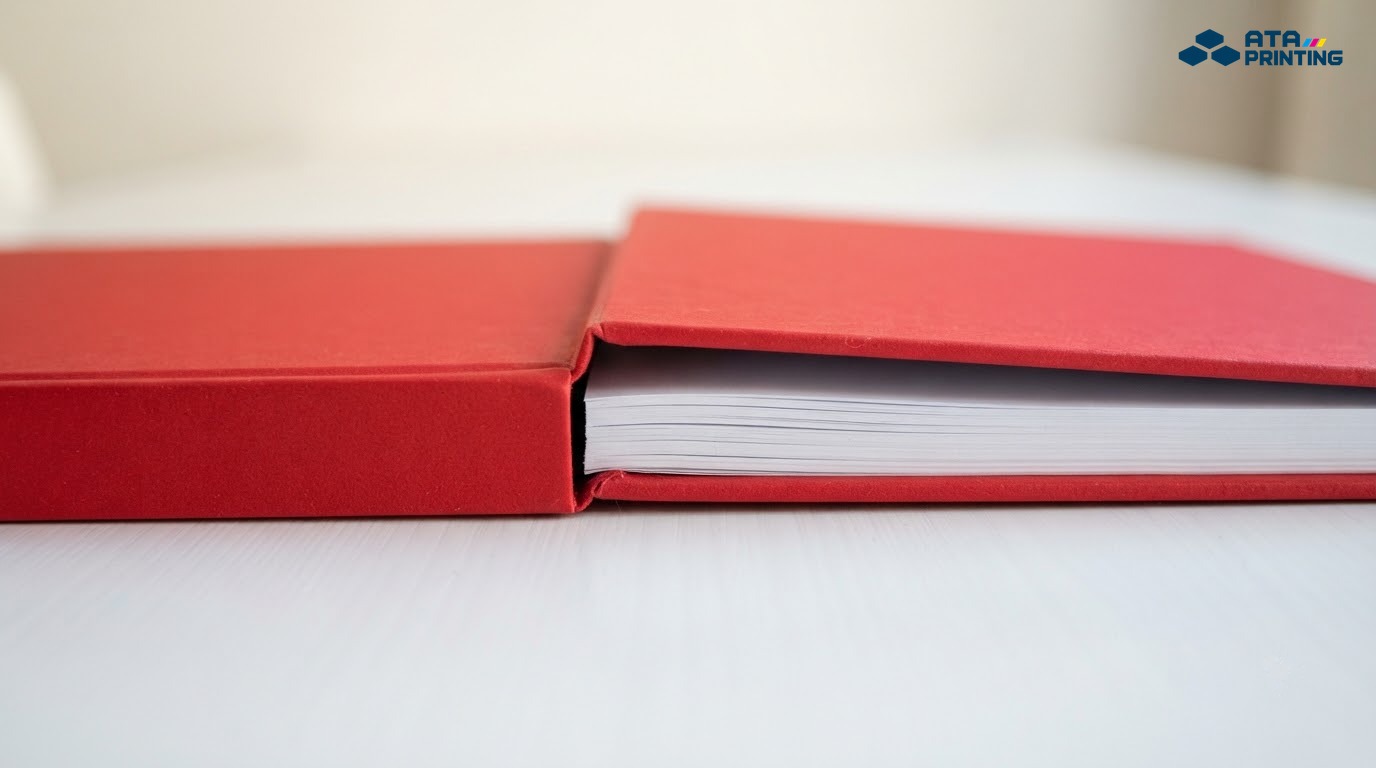 Cận cảnh cuốn portfolio bìa cứng đỏ mở hé, lộ xấp giấy ruột trắng mỏng hơn