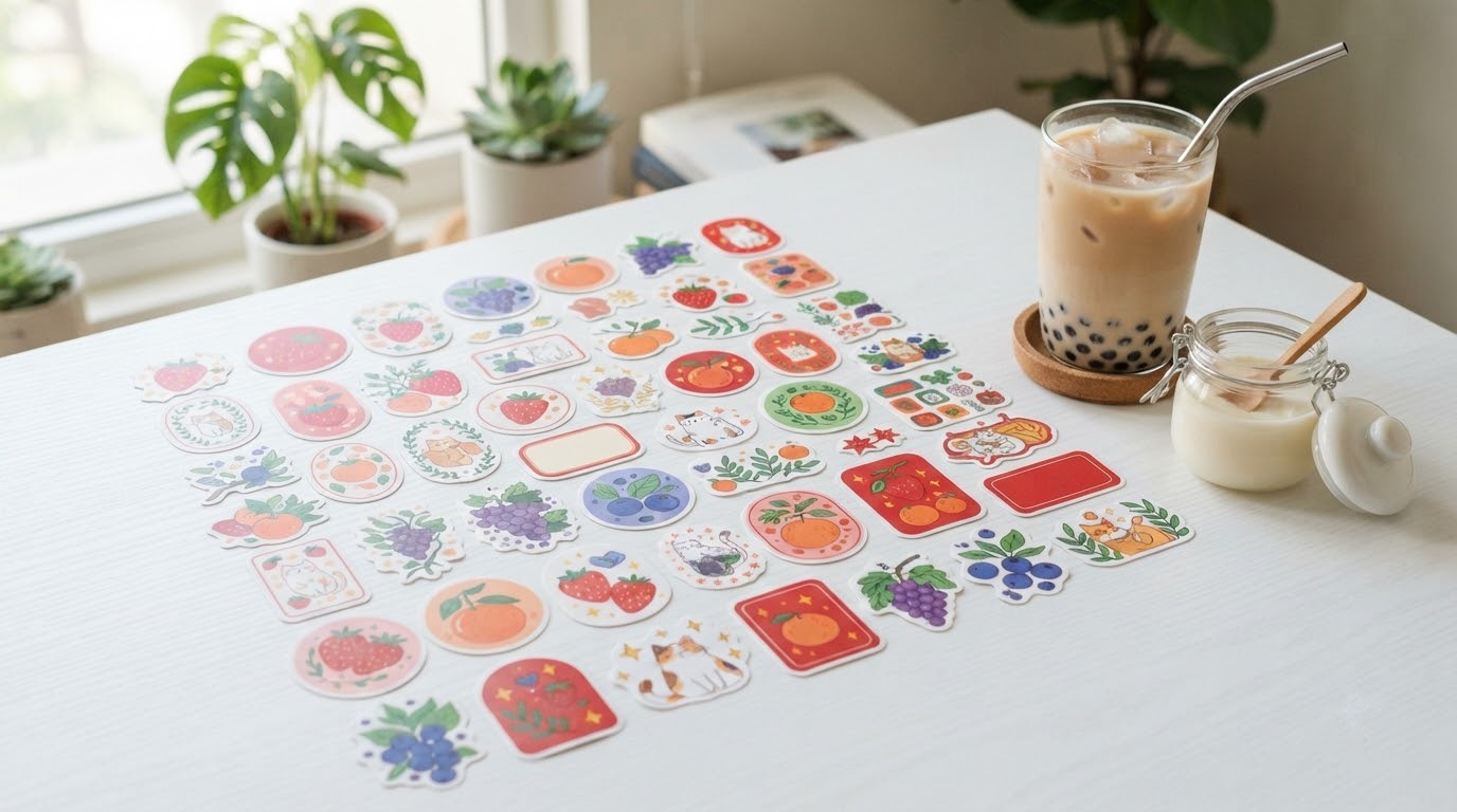 Sticker nhiều hình dạng tròn, vuông, chữ nhật, oval và bế theo hình bày cạnh ly và hũ