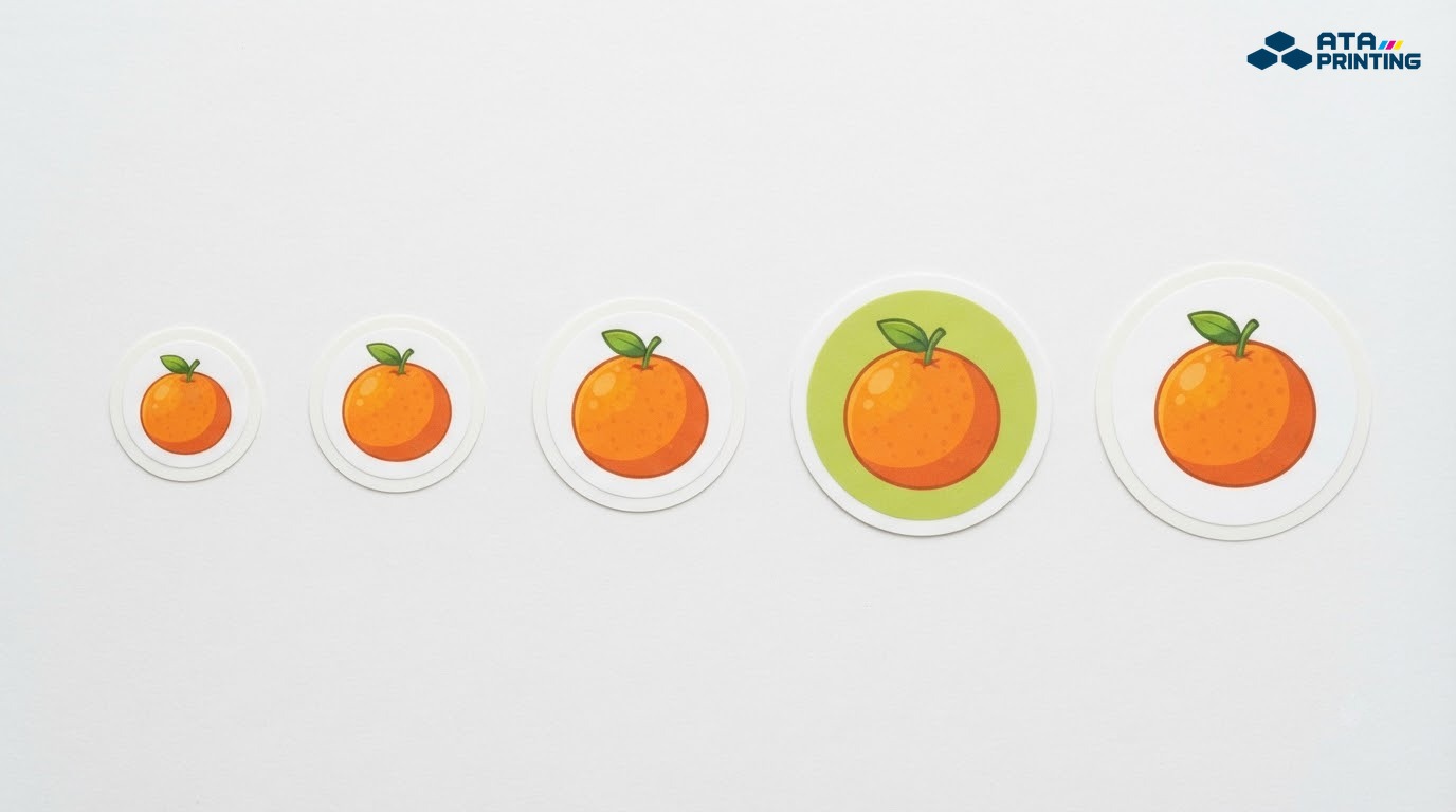 Hàng sticker tròn cùng mẫu với đường kính tăng dần từ nhỏ đến lớn