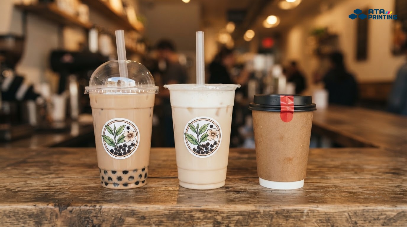 Ly trà sữa và cốc cà phê mang đi dán sticker tròn trên thân và nắp