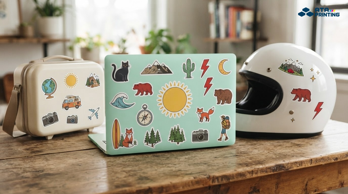Sticker bế hình dán trên nắp laptop trơn, mũ bảo hiểm và vali
