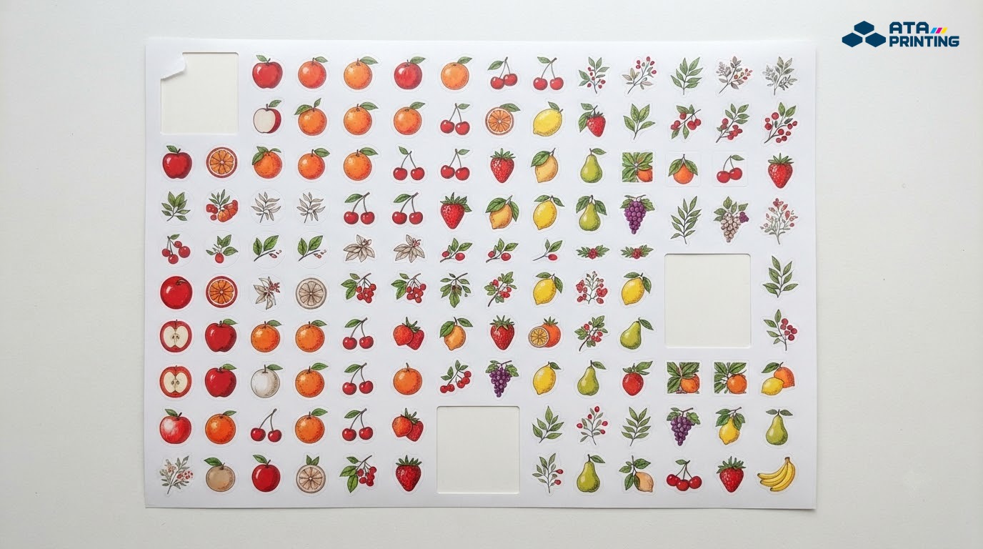 Tờ sticker khổ lớn dàn kín nhiều sticker bế sẵn với khoảng cách đều