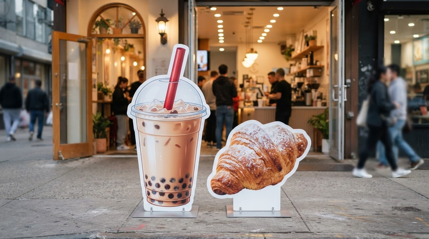 Standee formex cắt theo hình ly trà sữa khổng lồ và chiếc bánh đứng trước cửa quán