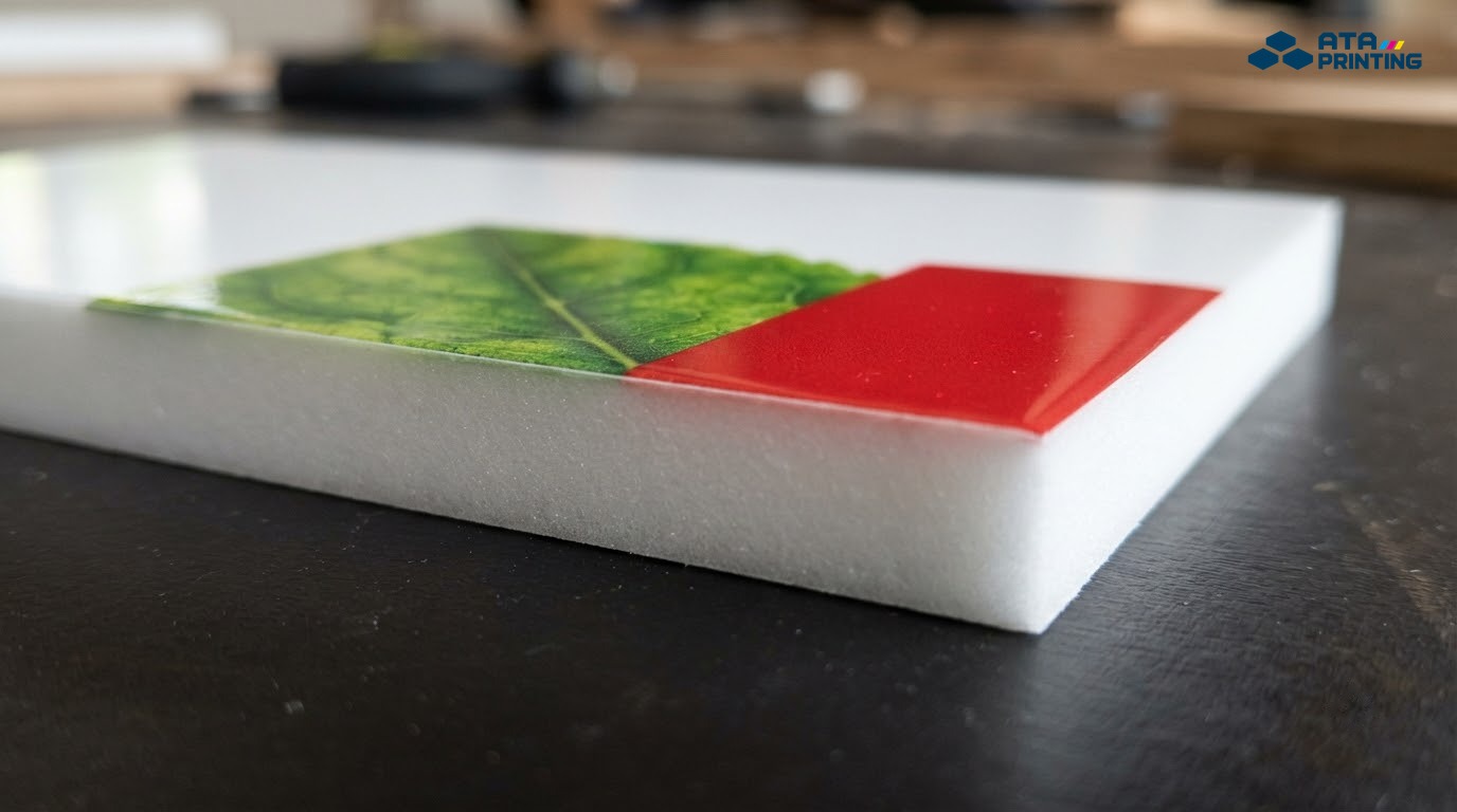 Cận cảnh mép tấm formex thấy lõi nhựa xốp trắng và lớp decal in cán màng